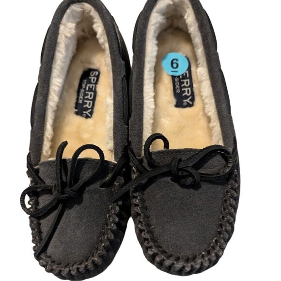 Sperry Top Sider Cushion Gray Suede Leather Moccasin Flat Slipper Size 6 NWOB - Picture 1 of 9